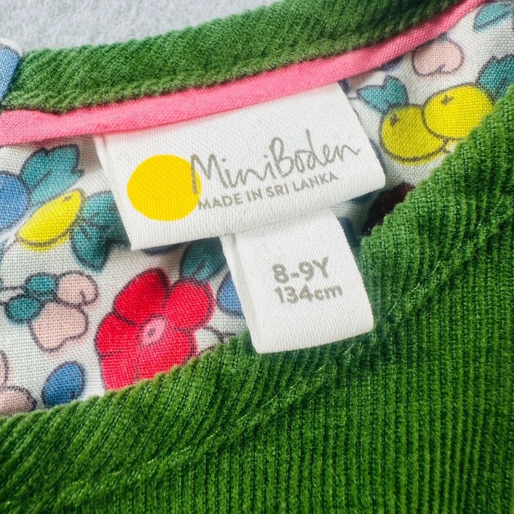 Mini Boden Girls Green Corduroy Dress 8-9Y Floral Lined Pockets Fall Cottagecore